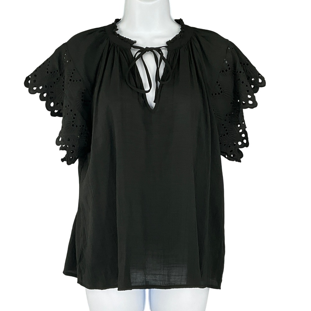 Chelsea Theodore Black Eyelet Flutter Sleeve‎ Tie Neck Top S Dark Cottagecore